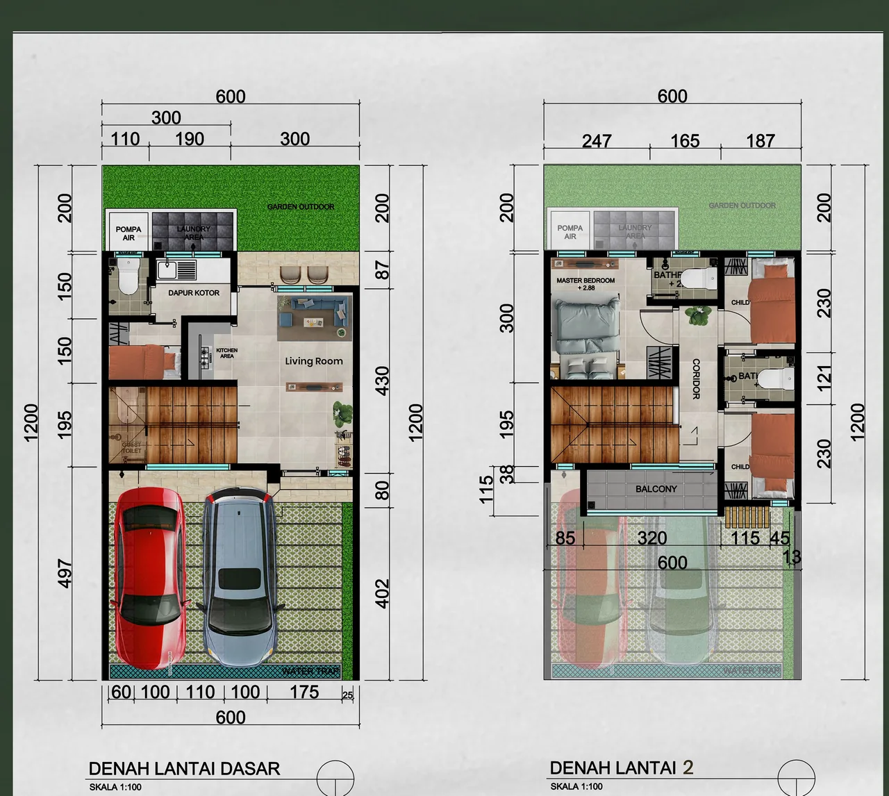 Denah lantai dasar dan lantai 2 rumah 2 lantai LT 72 m2 LB 66 m2 Bumi Citra Regency Serpong