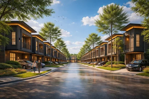 Jalan lingkungan Bumi Citra Regency Serpong dengan deretan rumah 2 lantai di kedua sisi