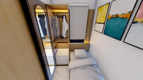 Kamar tidur rumah Bumi Citra Regency Serpong dengan lemari pakaian terbuka