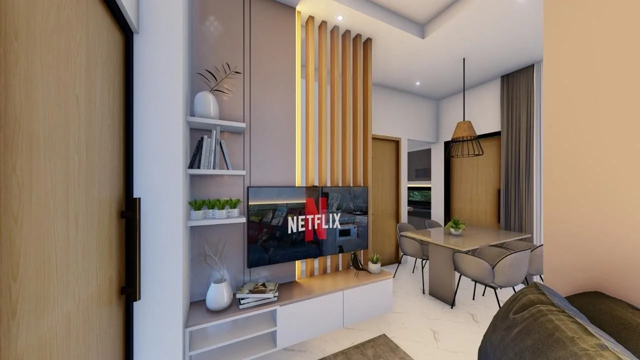 Ruang keluarga rumah Bumi Citra Regency Serpong dengan lantai granite tile