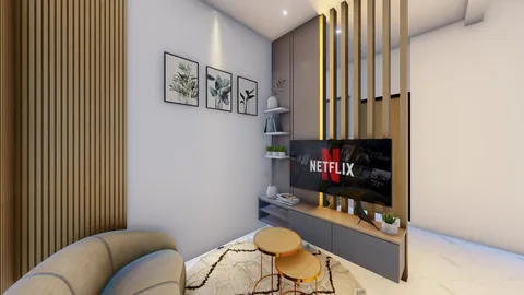 Ruang keluarga rumah Bumi Citra Regency Serpong dengan partisi kayu vertikal
