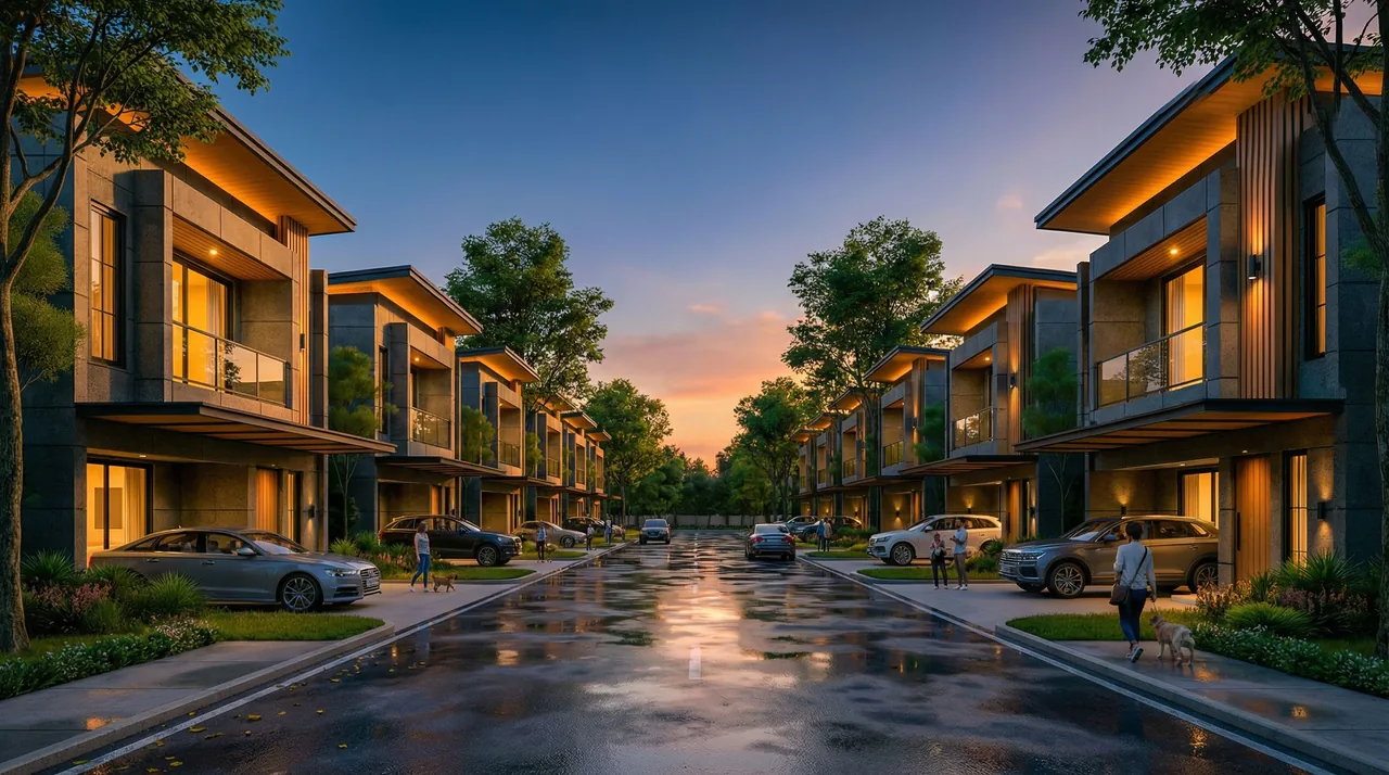 Deretan rumah 2 lantai Bumi Citra Regency Serpong pada suasana senja, LT 72 m2 LB 66 m2